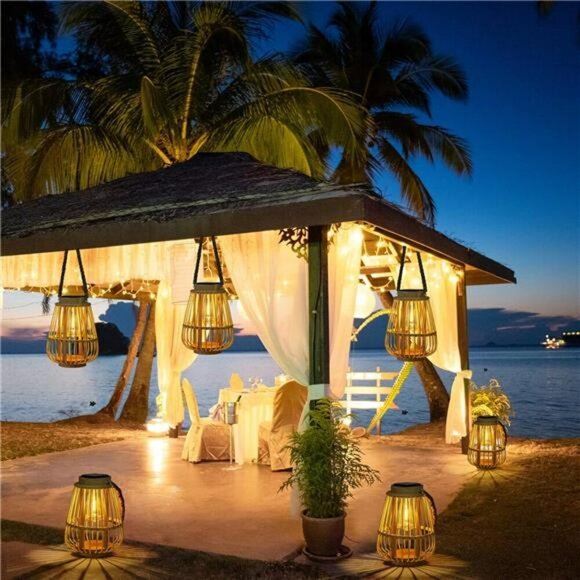 Solar Rattan Lantern Outdoor Hanging Garden Patio Light Waterproof Table Decor - Picture 6 of 8
